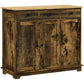 Brown wooden sideboard with solid top, two doors and three black knob drawers