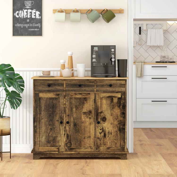 Brown wooden sideboard cabinet with solid top, doors and drawer fronts