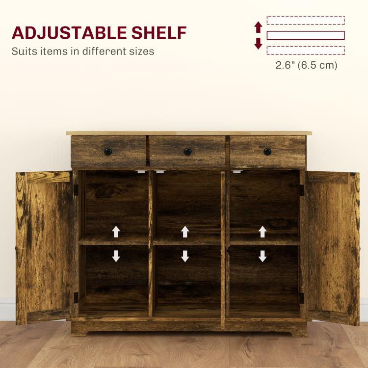 Brown wooden cabinet interior with adjustable shelves behind door panels