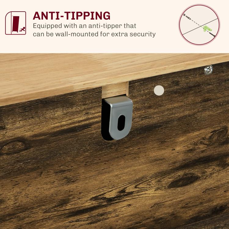 Brown wooden cabinet with anti-tip bracket on base near drawer area