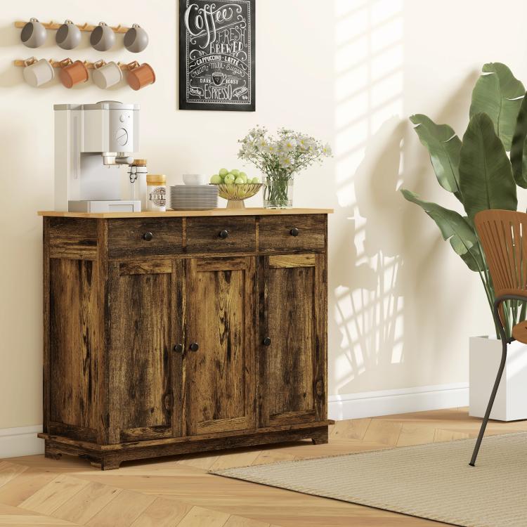 Brown wooden kitchen sideboard cabinet with 3 drawers and 2 doors