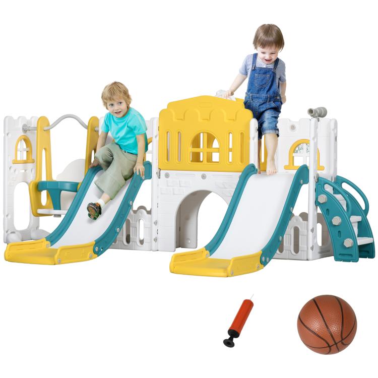 Kids slide and swing set with two curved slides, yellow panel, teal frames, hoop
