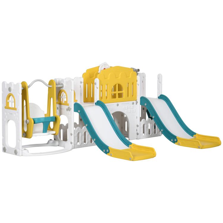 Toddler slide and swing playset with two dual slides and enclosed activity panels