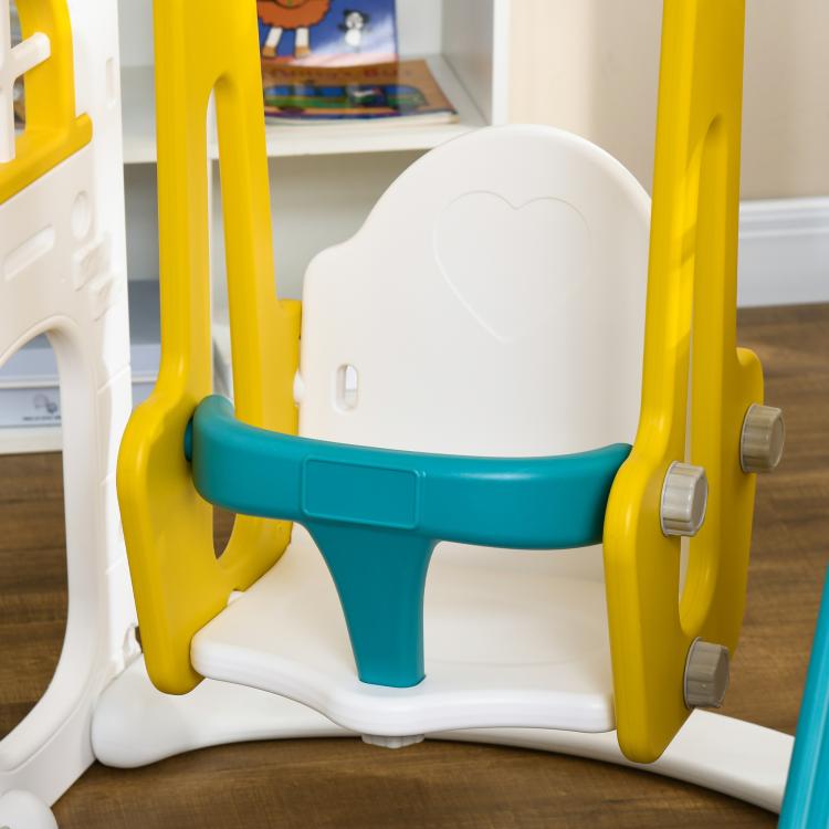 Toddler swing seat with yellow frame and blue support bar on play set