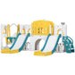 Toddler slide and swing play set with two yellow-and-blue slides and white panels