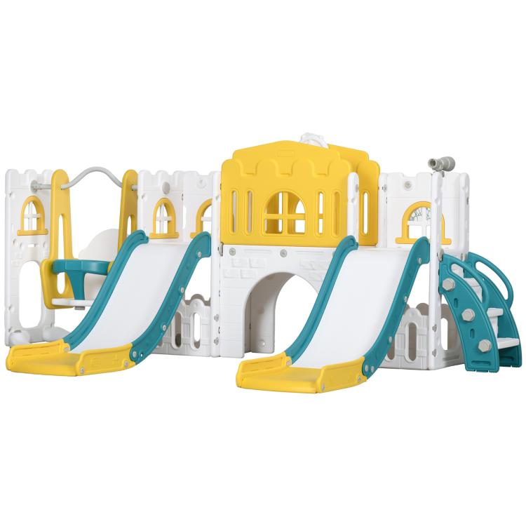 Toddler slide and swing play set with two yellow-and-blue slides and white panels