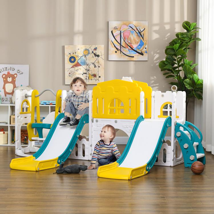 Yellow and teal slide and swing playset with two slides and kids climbing stations