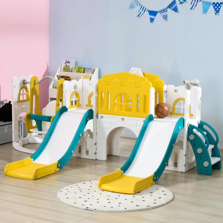 Yellow slide and swing set with two curved slides, white barriers, and teal side frame