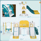 Kids slide and swing set diagram with dimensions and slide, hoop, and opening details