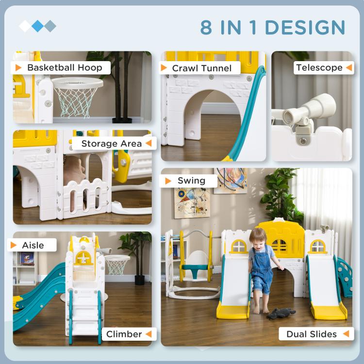 Playset feature collage showing basketball hoop, crawl tunnel, telescope, swing, and slides