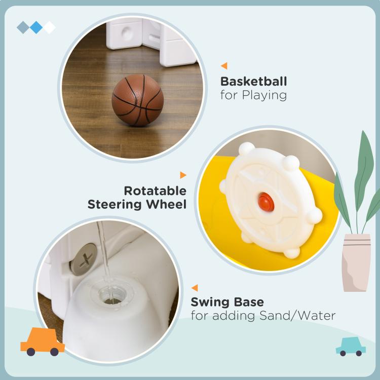 Feature diagram showing basketball for playing, rotatable steering wheel, and swing base