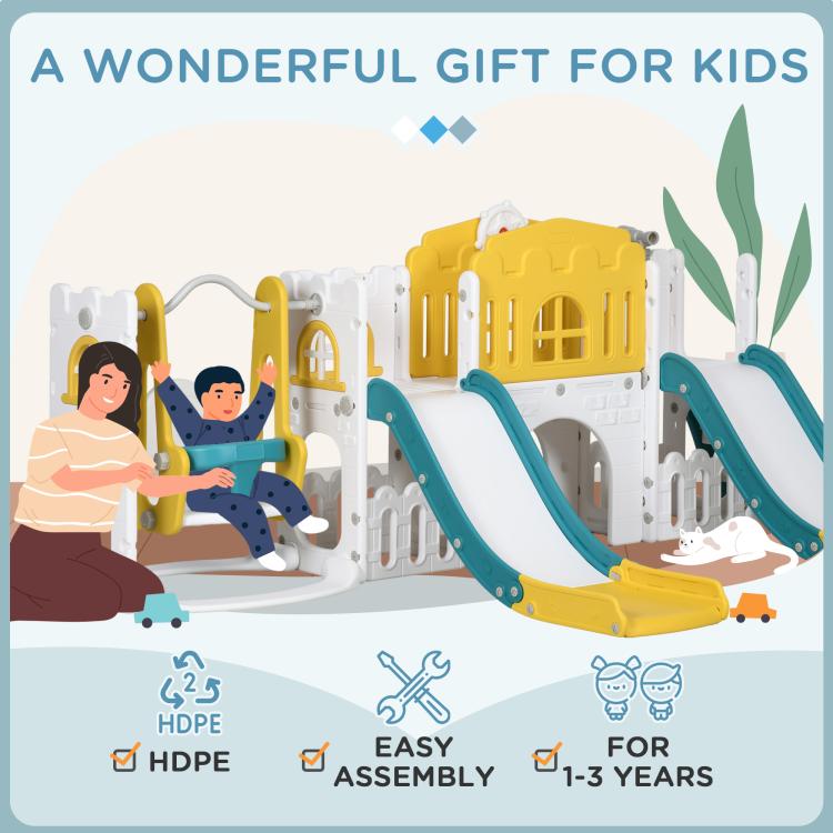 Gift-style playset graphic featuring slide and swing unit and assembly/safety icons