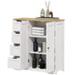Freestanding white bathroom floor cabinet with oak top, open doors and drawers for storage.