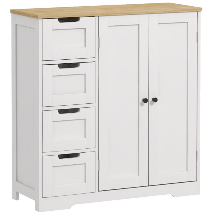 White freestanding bathroom floor cabinet with two doors and four drawers