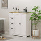 Freestanding white bathroom floor cabinet with oak top, two cabinet doors and drawer stack.