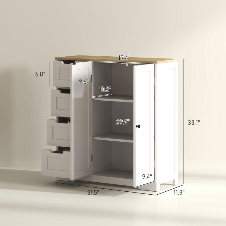 Freestanding white bathroom floor cabinet with oak top, side view and interior open shelf space.
