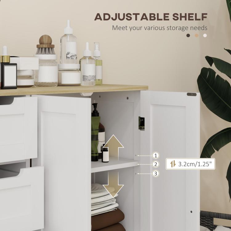 Freestanding bathroom cabinet with adjustable shelf inside, white doors and oak countertop.