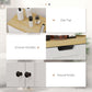 White bathroom cabinet details: oak top, groove handles on drawers, round door knobs.