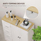 Freestanding bathroom floor cabinet with oak top and anti-tip device for extra stability.