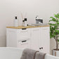 Freestanding bathroom floor cabinet with white doors and drawers, oak top and round knobs.