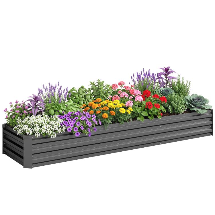Dark gray raised galvanized garden bed filled with colorful flowers and herbs