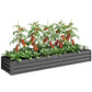 Dark gray raised galvanized garden bed with tomato plants and leafy greens