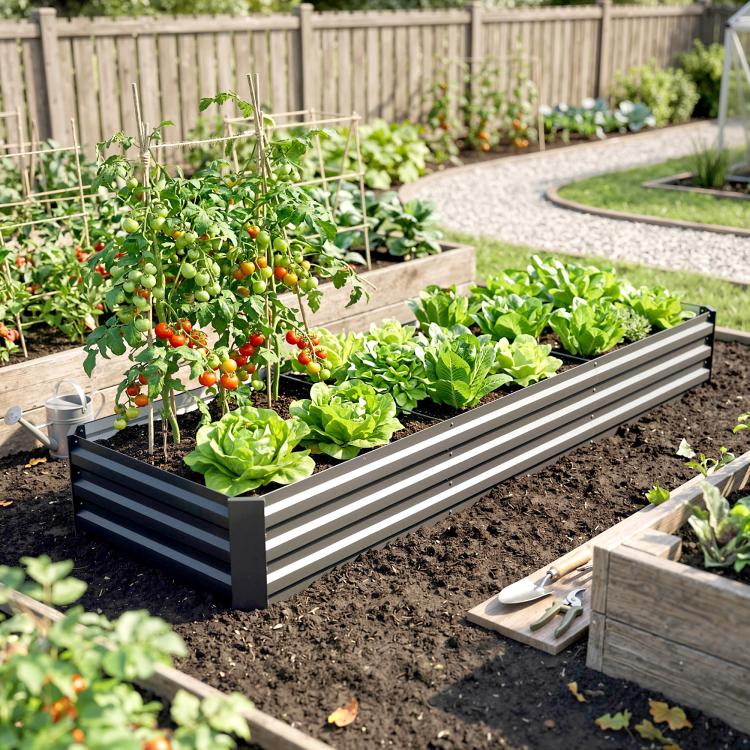 Dark gray galvanized raised garden bed with safety edging, planted with herbs and greens