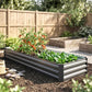 Dark gray raised galvanized garden bed in a backyard with soil and seedlings