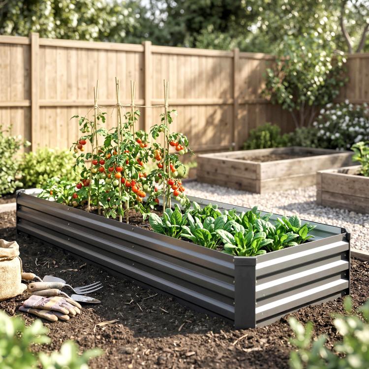 Dark gray raised galvanized garden bed in a backyard with soil and seedlings