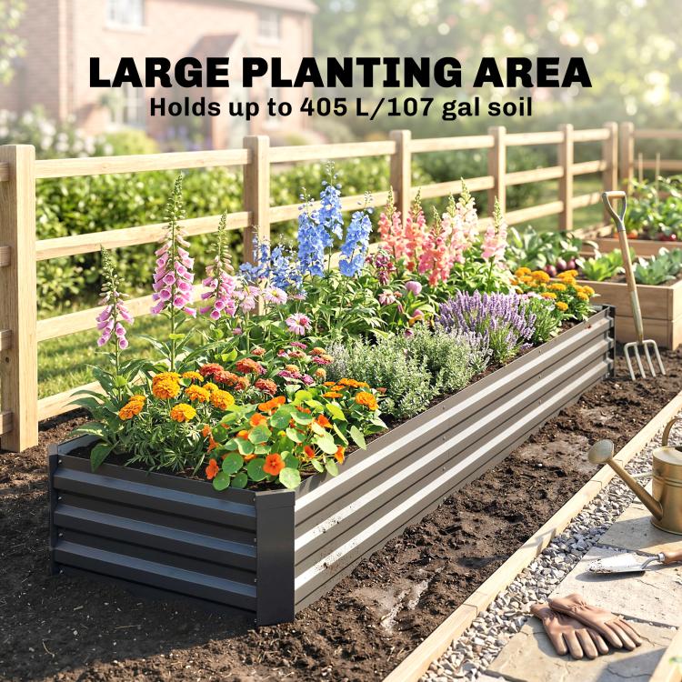 Dark gray raised galvanized garden bed packed with mixed flowers and herbs