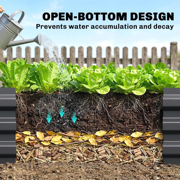 Open-bottom raised garden bed cross-section with soil and drainage space below