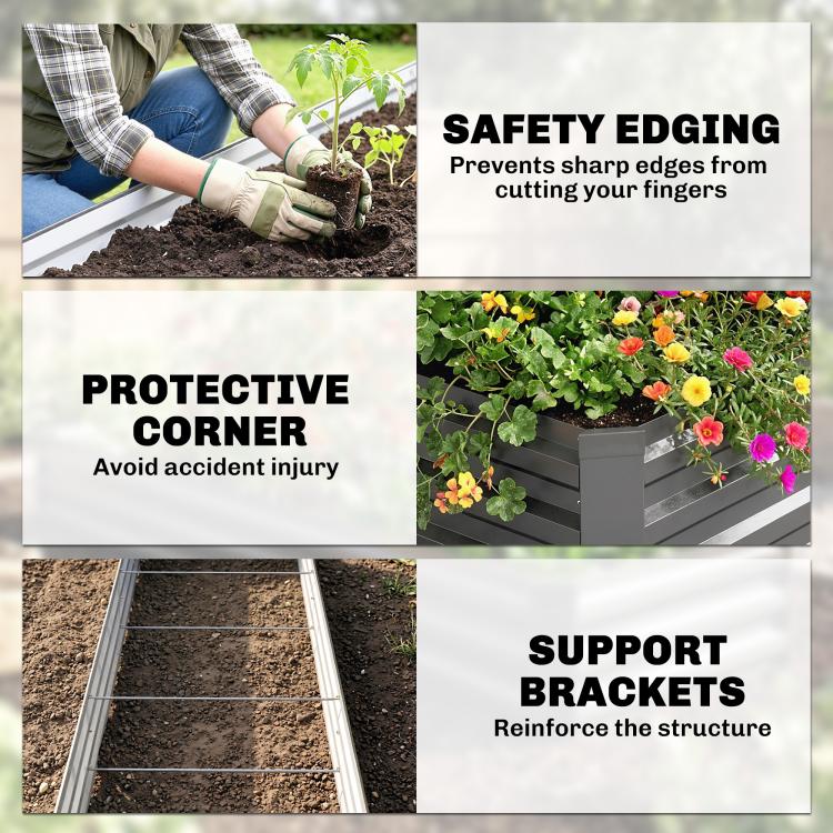 Raised galvanized garden bed corner with safety edging and metal support brackets