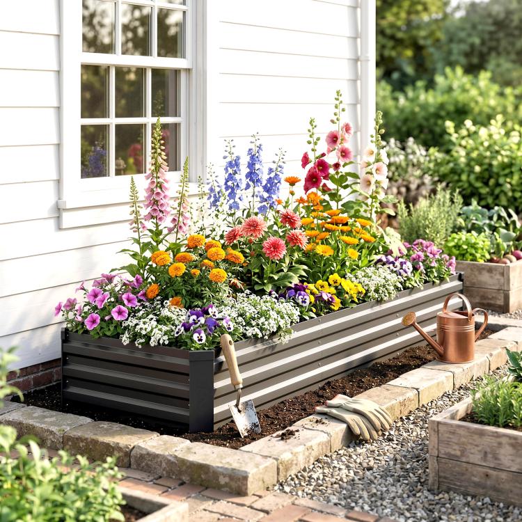 Dark gray raised galvanized garden bed overflowing with flowers beside a house