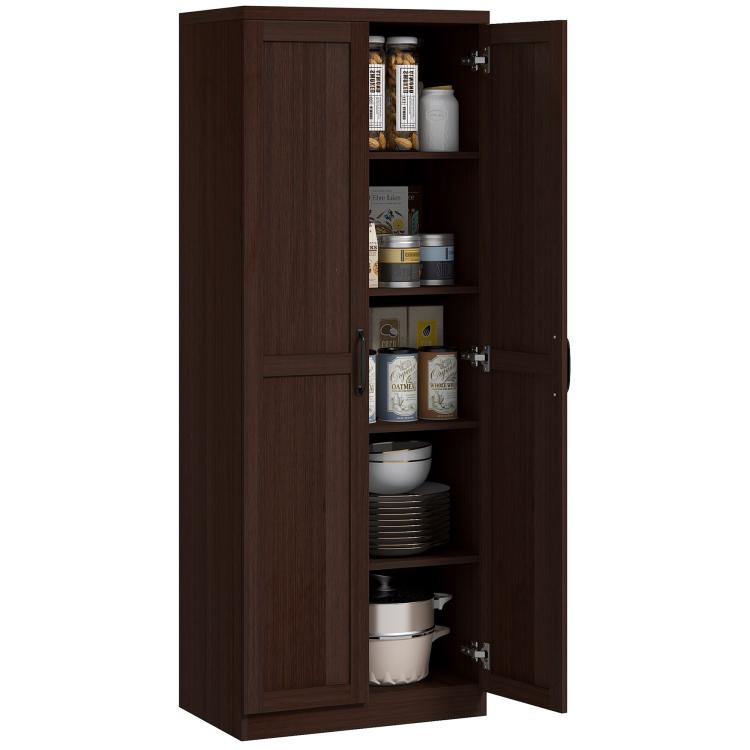 Freestanding kitchen pantry cabinet in dark cinnamon cherry wood grain, open with shelves.