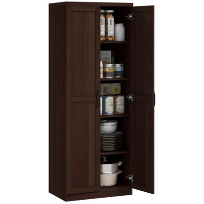 Freestanding kitchen pantry cabinet in dark cinnamon cherry wood grain, open with shelves.