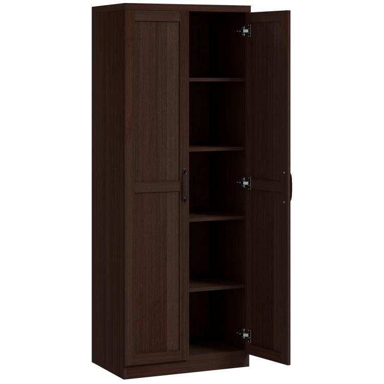 Freestanding pantry cabinet in dark cherry wood grain, two doors open to show shelves.