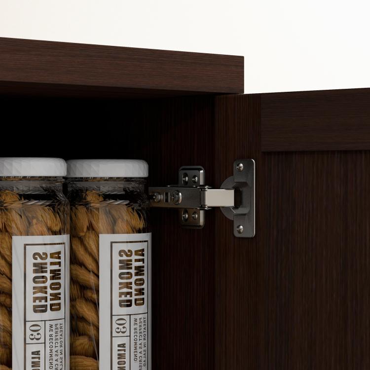 Freestanding kitchen pantry cabinet hinge and open door hardware, dark wood grain