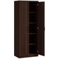 Freestanding kitchen pantry cabinet with two doors open and adjustable shelves inside