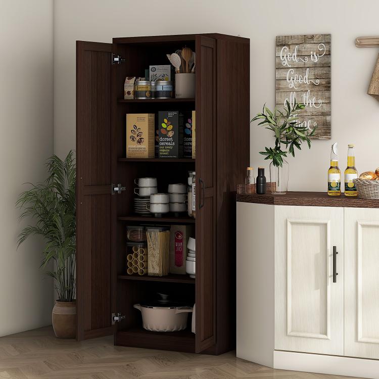 Kitchen pantry cabinet with two hinged doors open, showing multiple interior shelves.