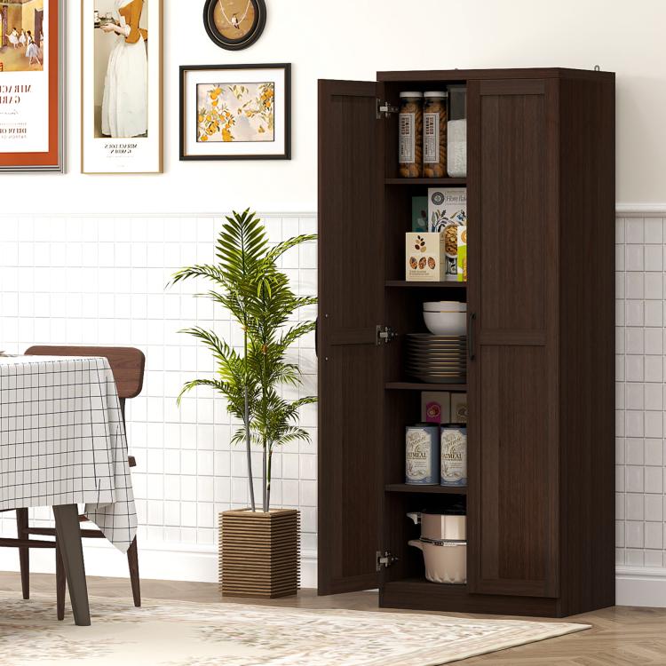 Freestanding pantry cabinet in dark wood grain, door open revealing stacked shelves.