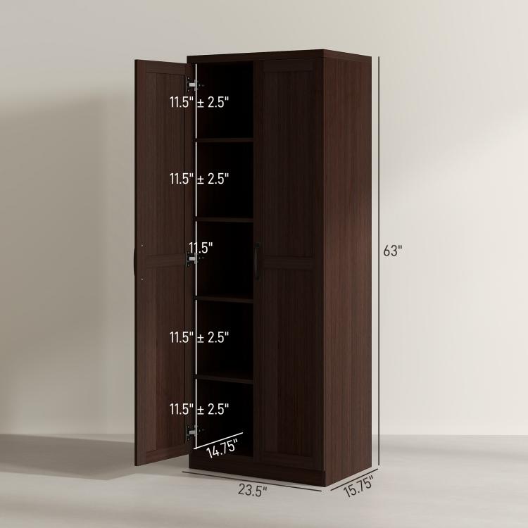 Freestanding 2-door kitchen pantry cabinet with dark wood grain and interior shelving.