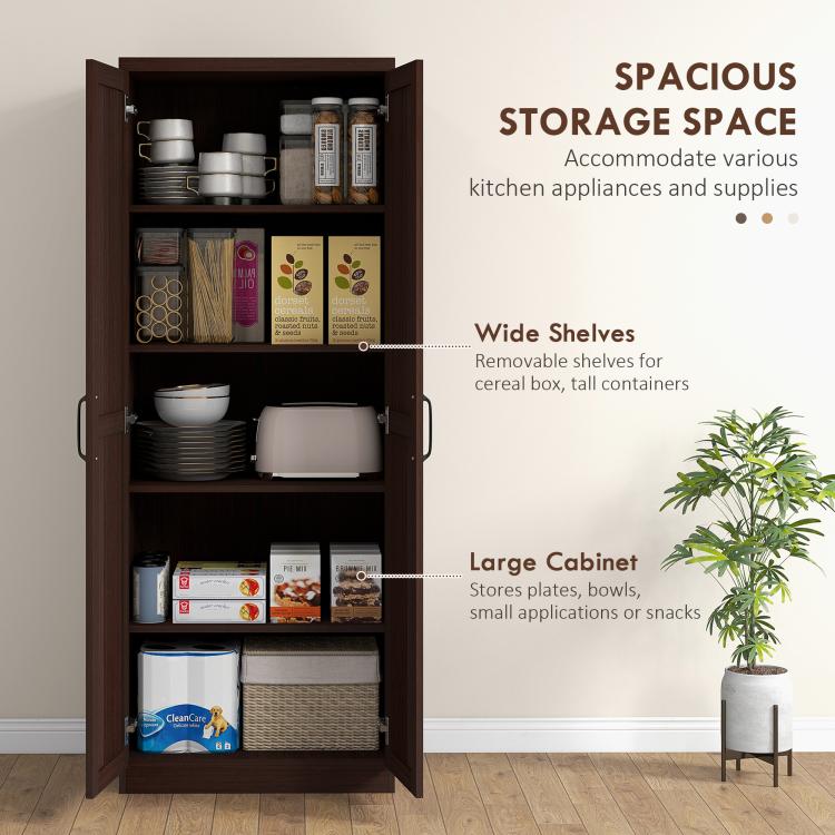 Kitchen pantry cabinet with two doors open, dark wood grain interior shelves for storage.