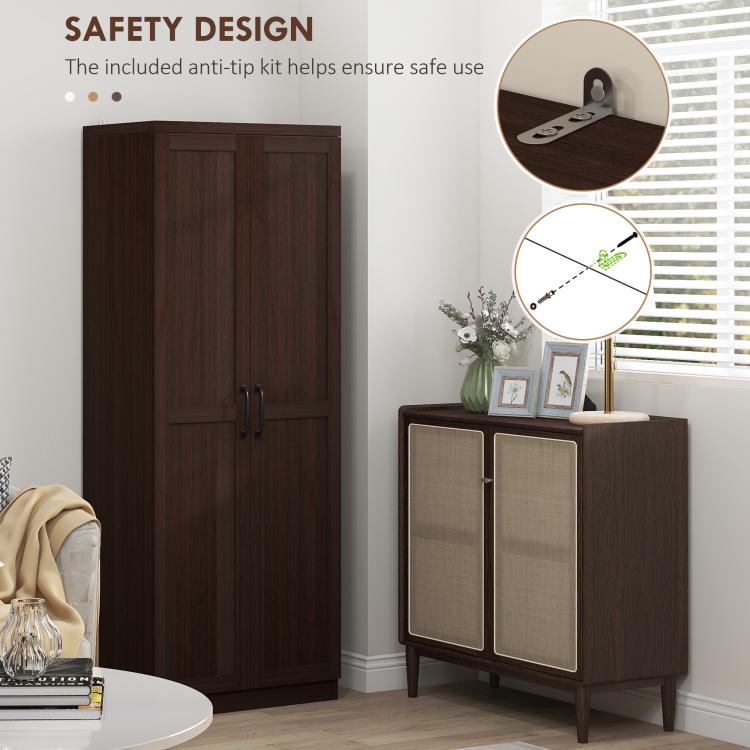 Tall freestanding pantry cabinet in dark wood grain with two doors and metal handles.