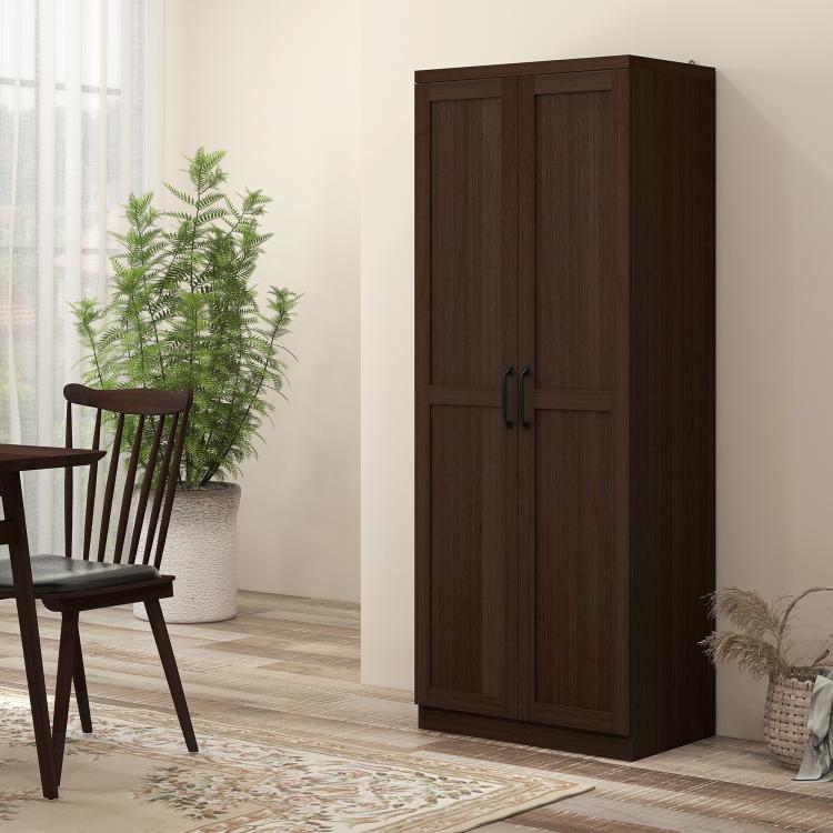Freestanding kitchen pantry cabinet in dark wood grain, closed double doors with handles.