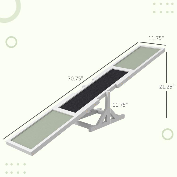 White wooden dog agility seesaw with green ramps and black textured center, size diagram