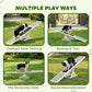 Wooden dog agility seesaw with white frame and green ramps, dog practicing on black strip
