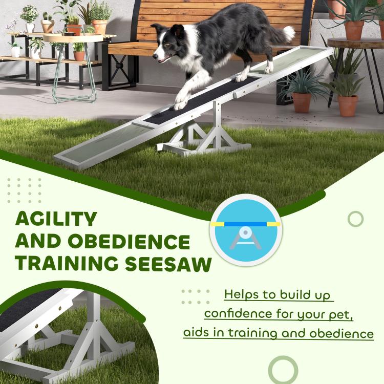 White wooden dog agility seesaw with green ramps and black contact strip, dog on it