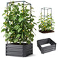 Dark gray raised garden bed with metal trellis, leafy climbing plants in soil