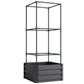 Dark gray raised garden bed with tall metal tomato cage frame, side panels