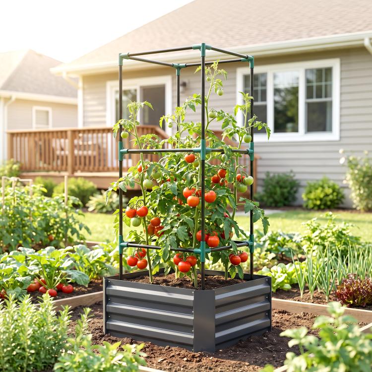 Dark gray raised garden bed with metal trellis and red tomatoes, planted in soil